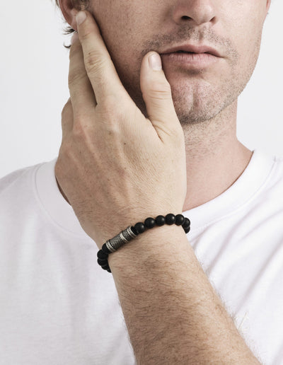 8mm Brushed Black Agate Stone Bracelet with Ion Plated Black Lattice Pattern Stainless Steel