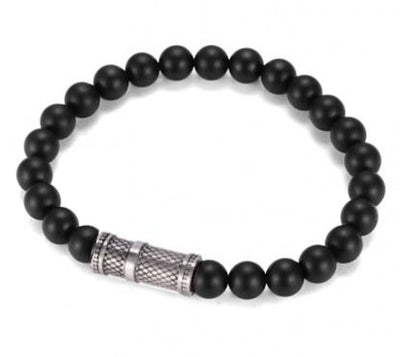 8mm Brushed Black Agate Stone Bracelet with Ion Plated Black Lattice Pattern Stainless Steel