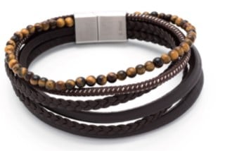 Brown Leather Multi Strand & Tiger Eye Stainless Steel Bracelet
