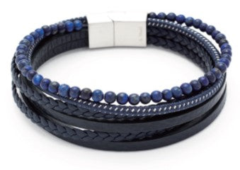 Blue Leather Multi Strand & Lapis Stainless Steel Bracelet