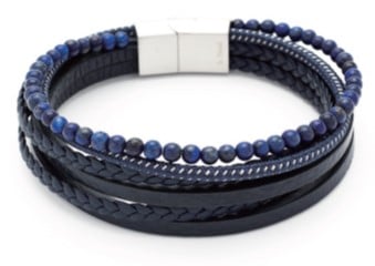 Blue Leather Multi Strand & Lapis Stainless Steel Bracelet