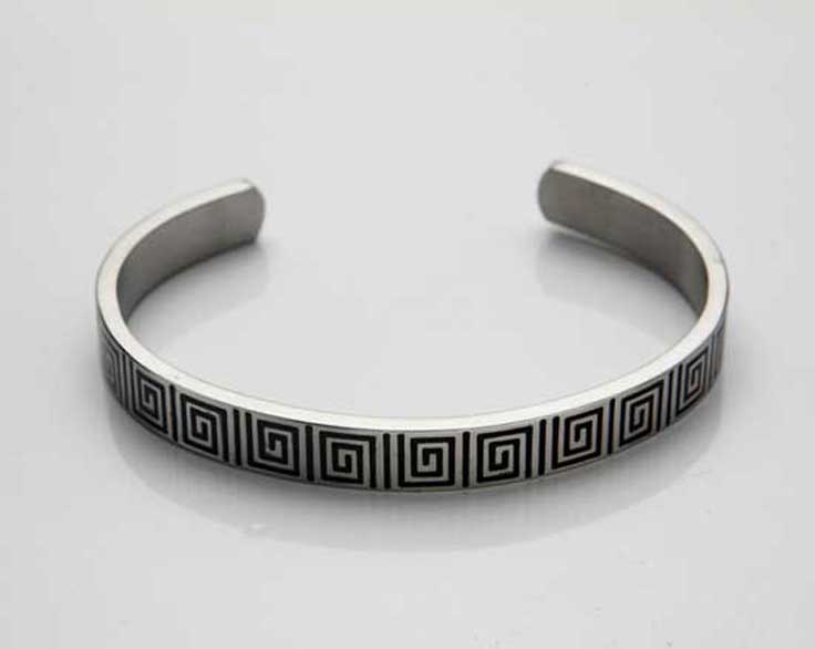 Brushed Stainless Steel Black Enamel Greek Key Pattern Cuff/Bangle