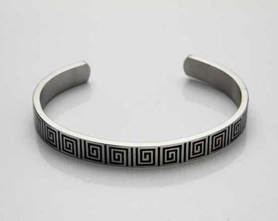Brushed Stainless Steel Black Enamel Greek Key Pattern Cuff/Bangle
