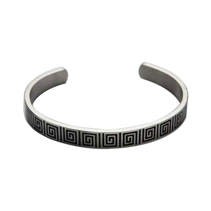 Brushed Stainless Steel Black Enamel Greek Key Pattern Cuff/Bangle