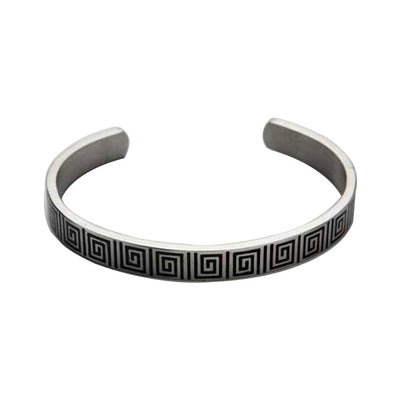 Brushed Stainless Steel Black Enamel Greek Key Pattern Cuff/Bangle