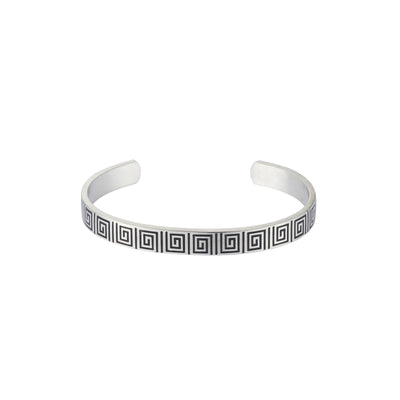 Brushed Stainless Steel Black Enamel Greek Key Pattern Cuff/Bangle