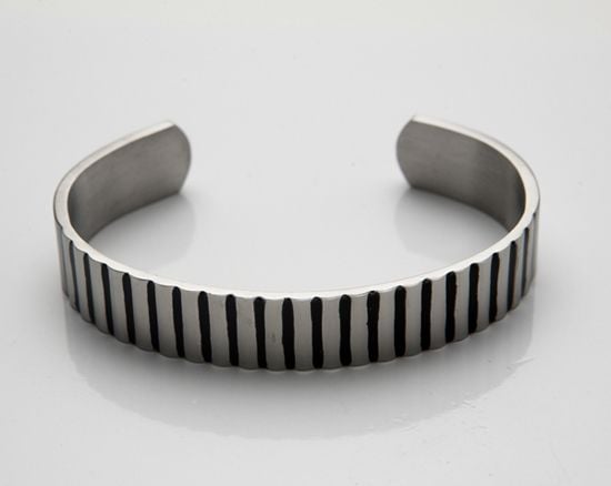 Brushed Stainless Steel Corrogated Cuff & Bangle with Black Enamel