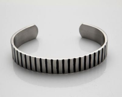 Brushed Stainless Steel Corrogated Cuff & Bangle with Black Enamel