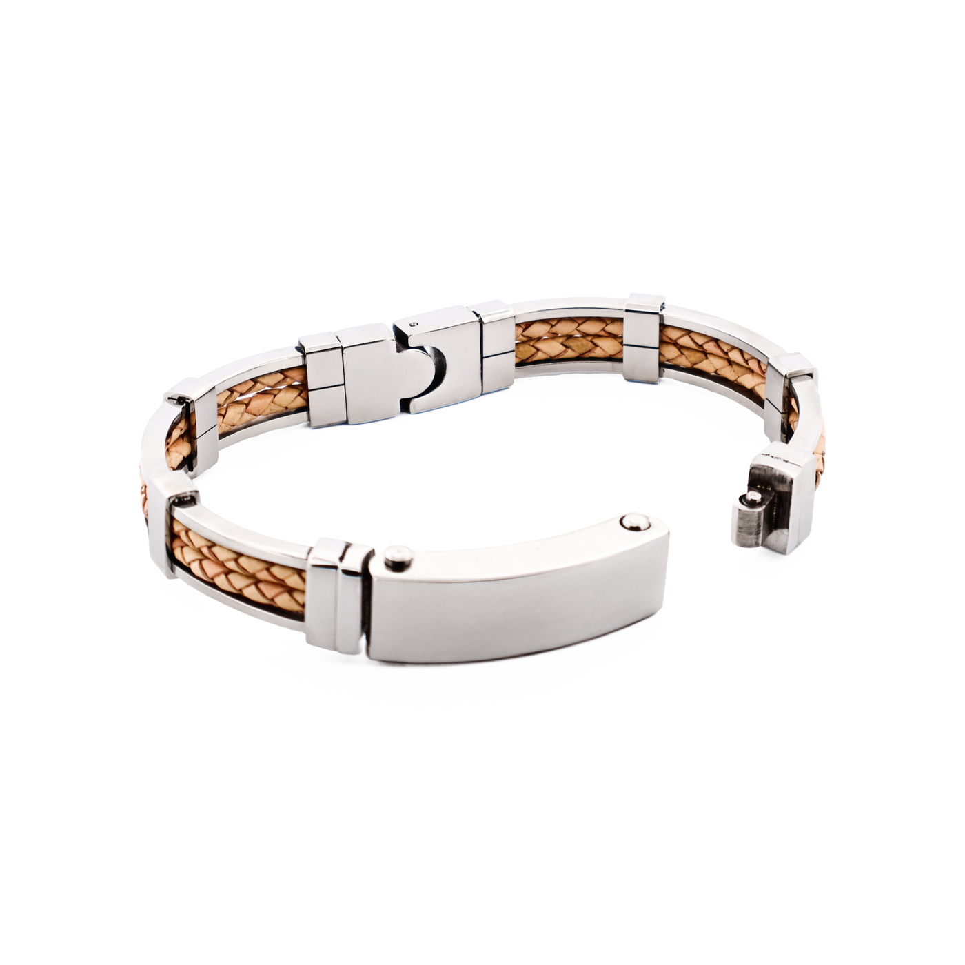Polished Stainless Steel Bracelet with Double Strand Braided Tan Leather