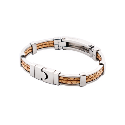 Polished Stainless Steel Bracelet with Double Strand Braided Tan Leather