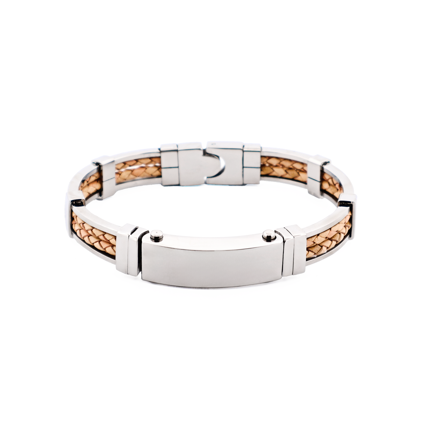 Polished Stainless Steel Bracelet with Double Strand Braided Tan Leather