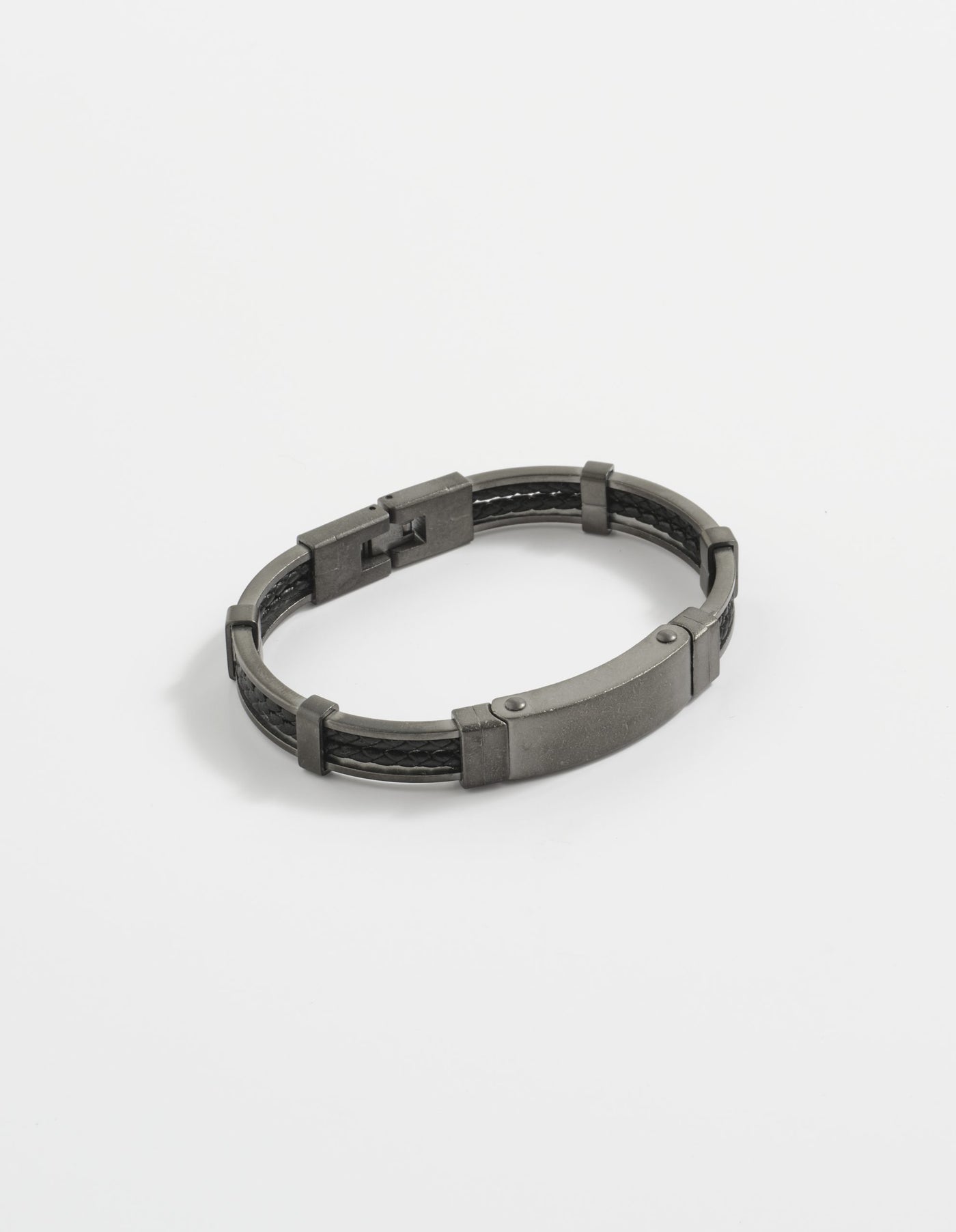 Ion Plated Antique Gun Metal Stainless Steel & Black Leather Bracelet