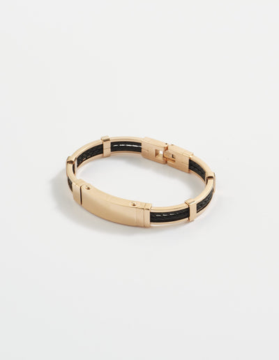 Polished Ion Plated Rose Gold Stainless Steel Bracelet with Double Strand Braided Black Leather