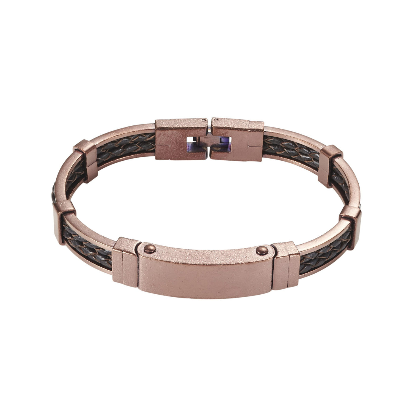 Ion Plated Antique Gun Metal Stainless Steel & Black Leather Bracelet