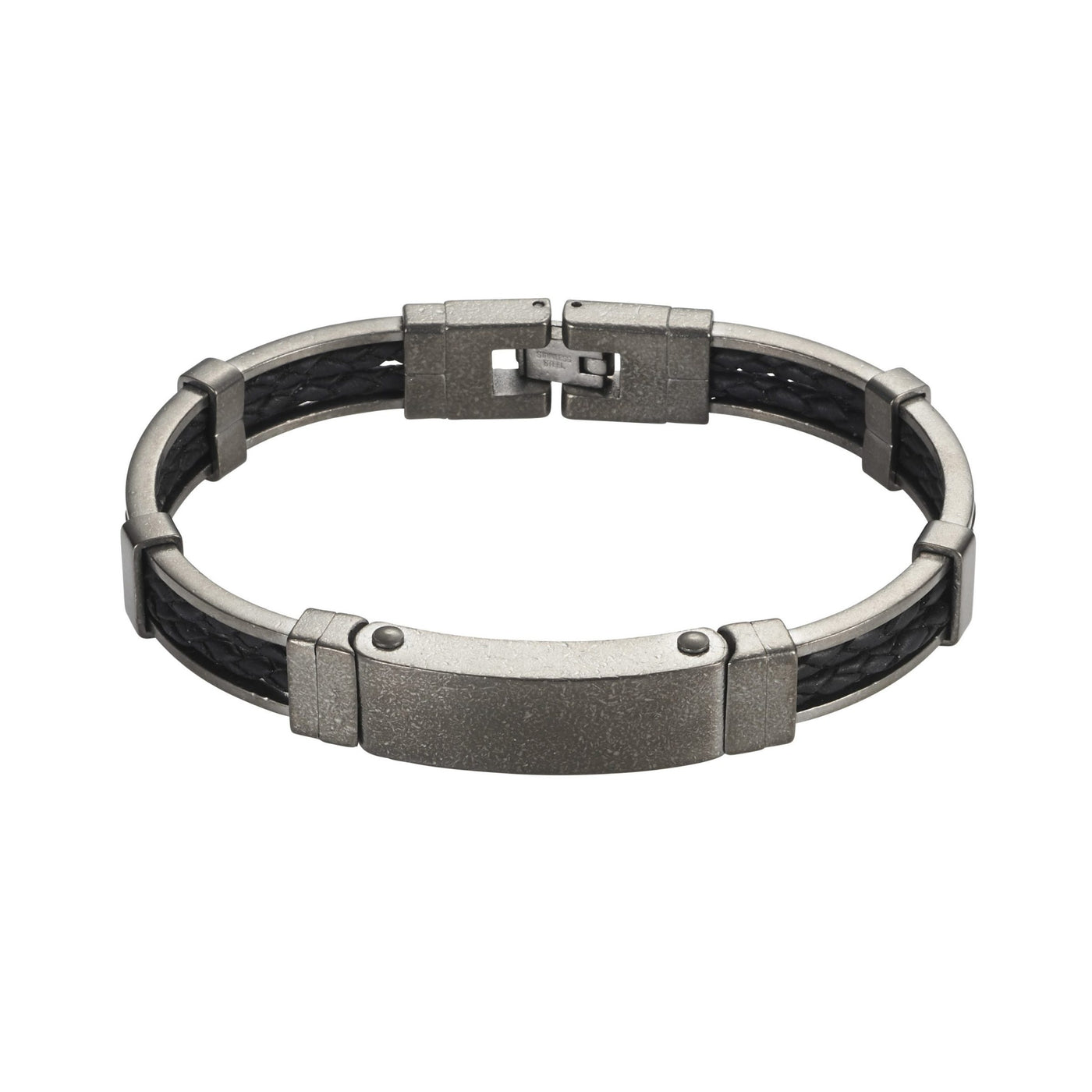Ion Plated Antique Gun Metal Stainless Steel & Black Leather Bracelet