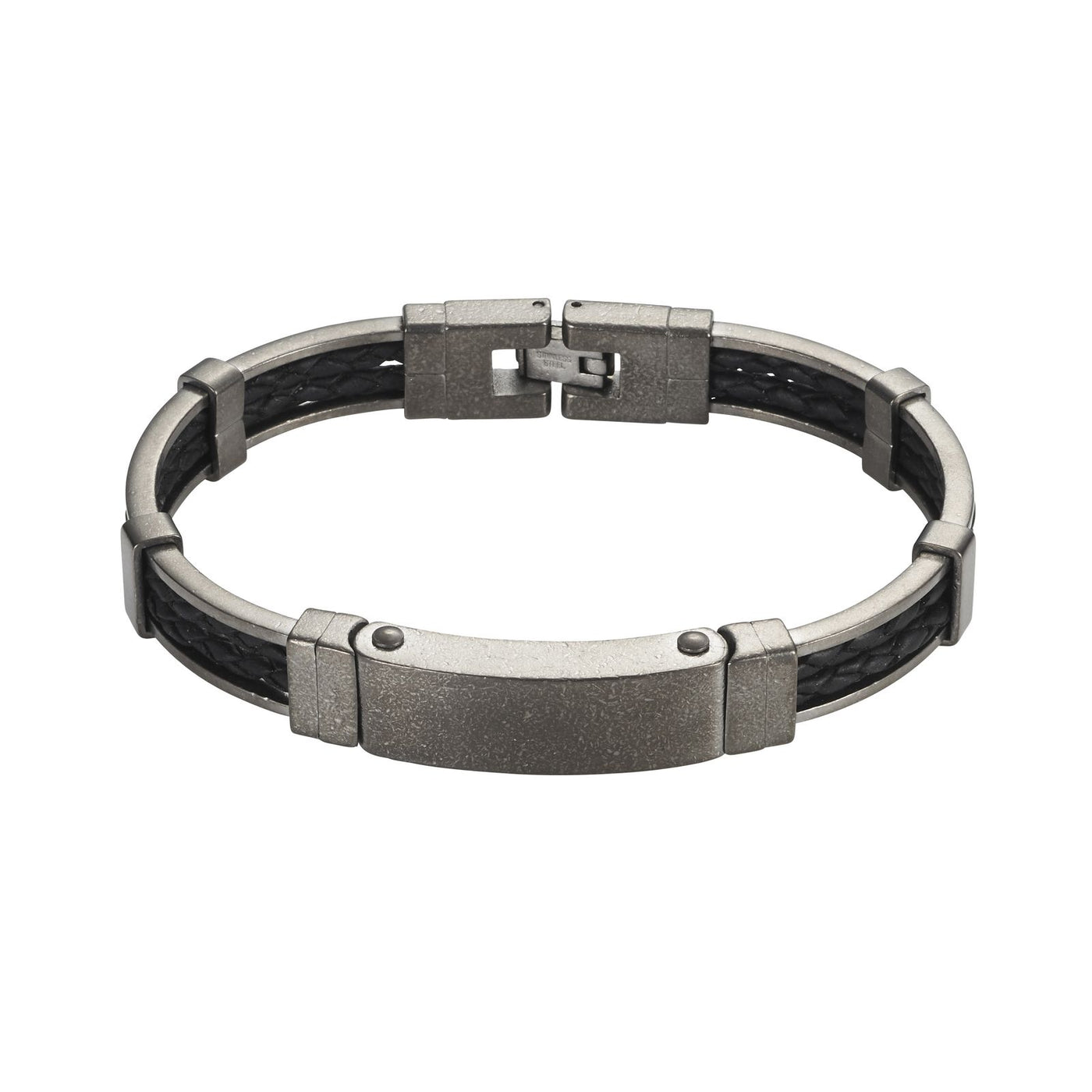 Ion Plated Antique Gun Metal Stainless Steel & Black Leather Bracelet