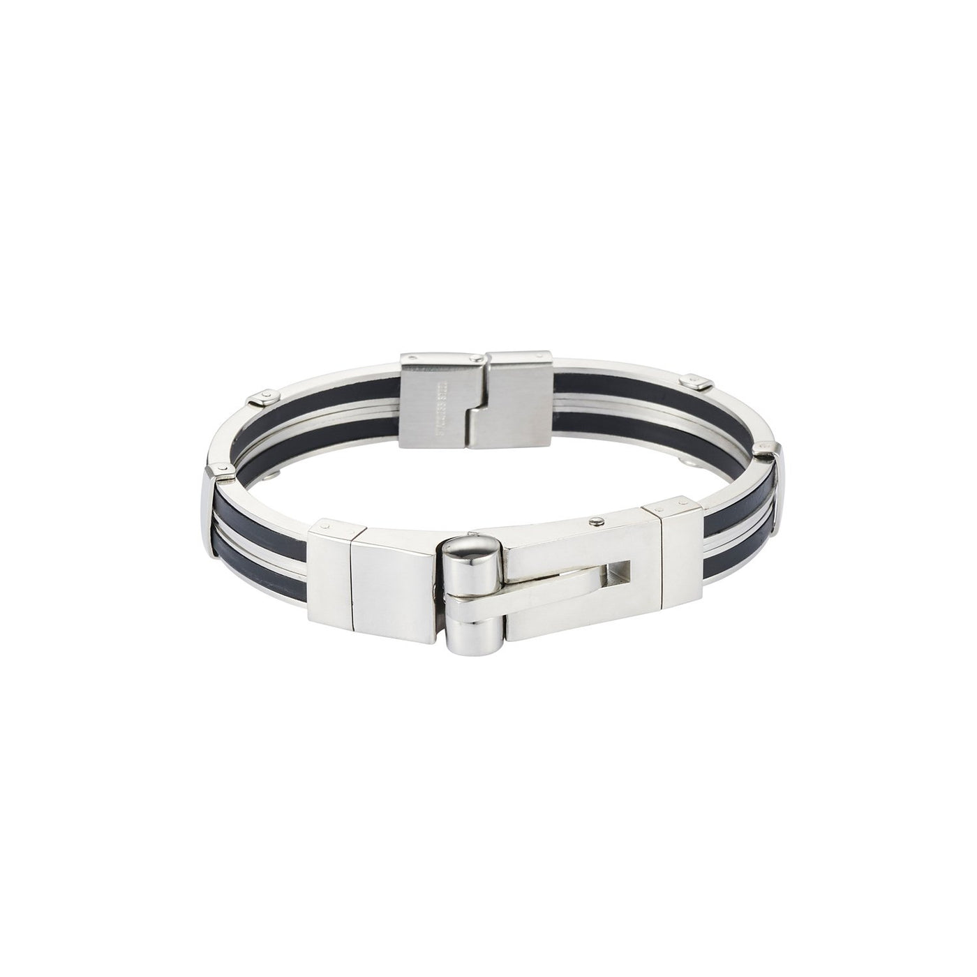 Polished Stainless Steel & Black Rubber Bracelet with Locking Clasp