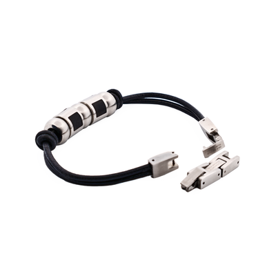 Stainless Steel &Ion Plated Black Bead Leather Bracelet