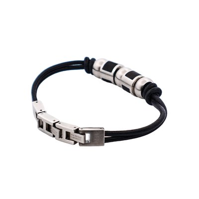 Stainless Steel &Ion Plated Black Bead Leather Bracelet
