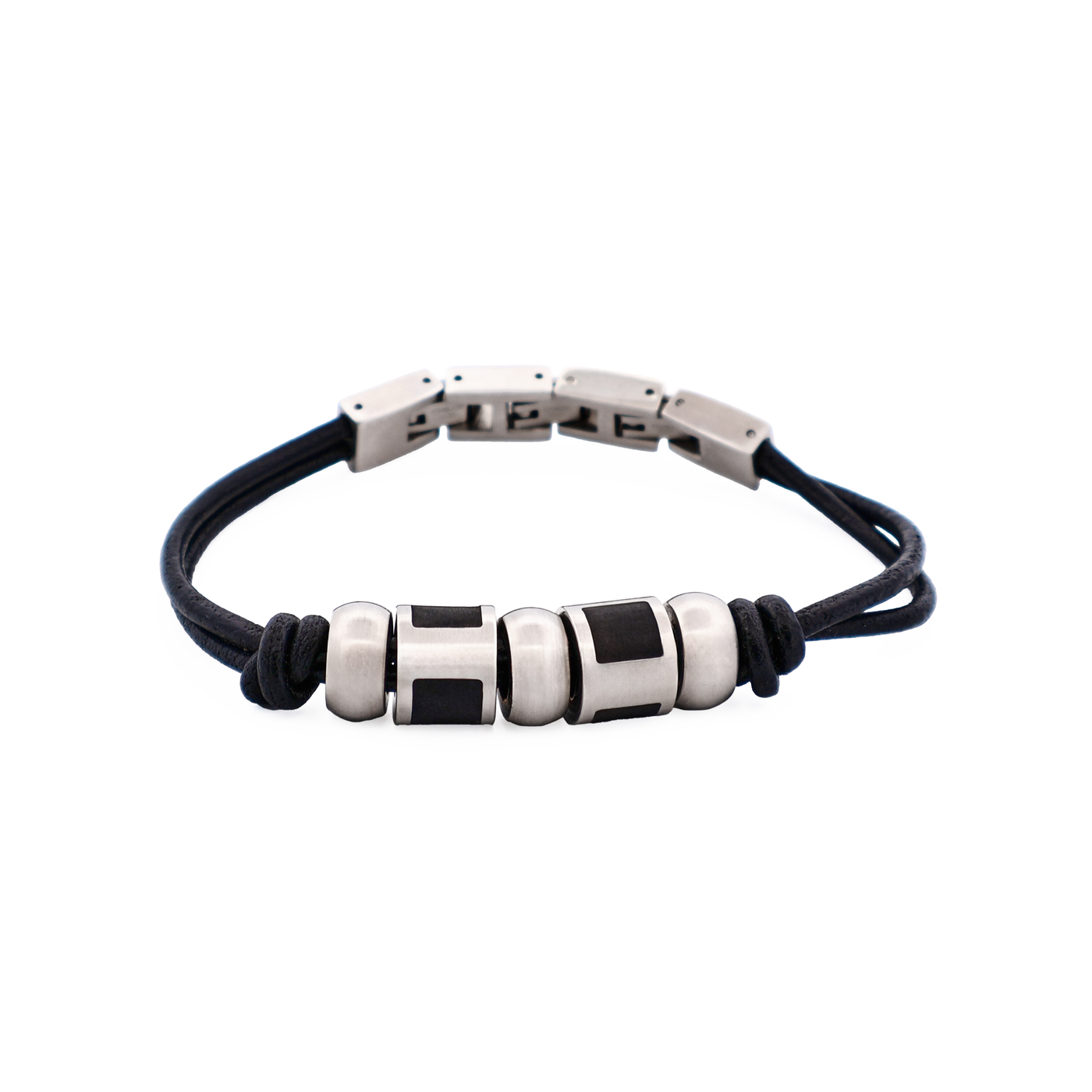 Stainless Steel &Ion Plated Black Bead Leather Bracelet