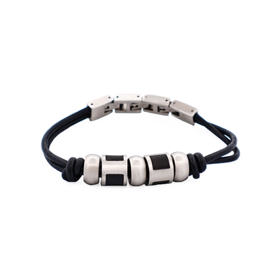 Stainless Steel &Ion Plated Black Bead Leather Bracelet