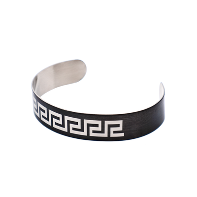 Stainless Steel & Black Enamel Greek Key Pattered Bangle