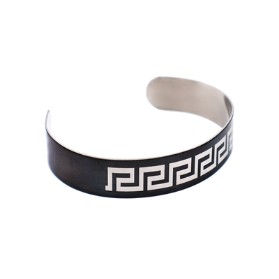 Stainless Steel & Black Enamel Greek Key Pattered Bangle