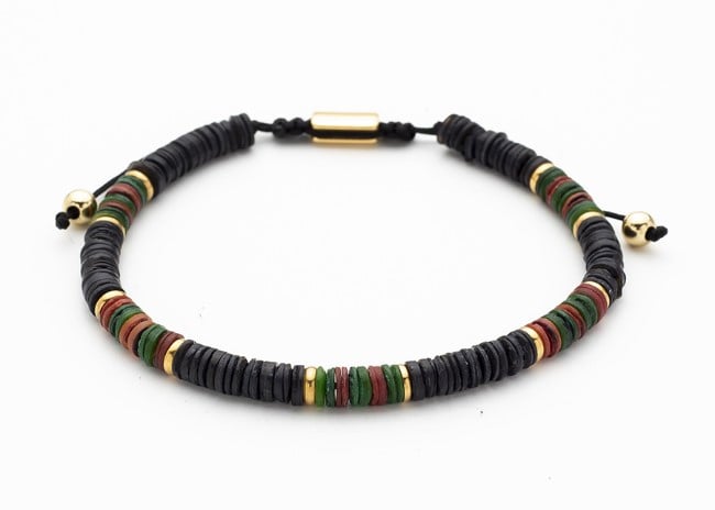 Savage - Multi Coloured Shell DiscsIon Plated Gold Stainless Steel Bead Macrame Bracelet