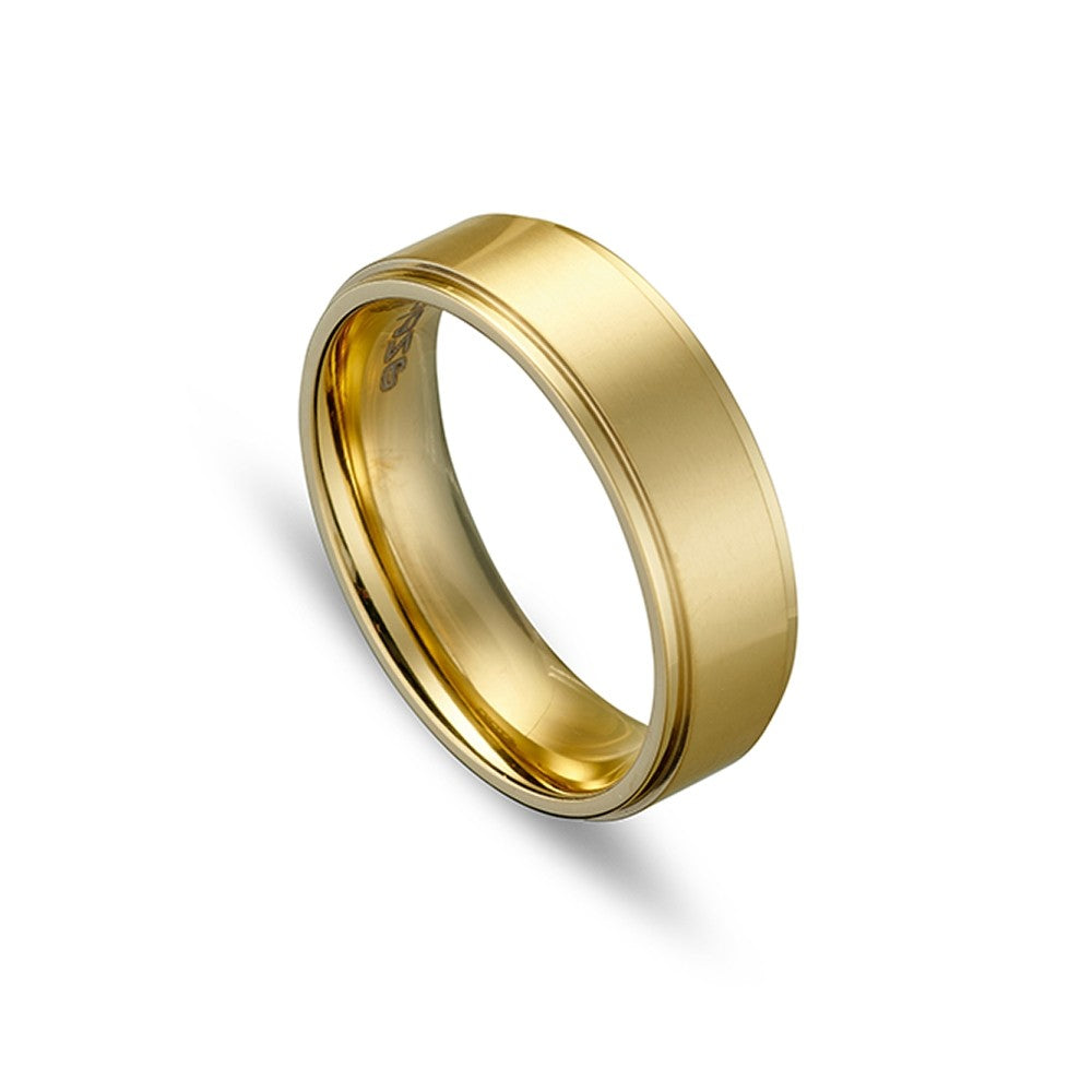 Titanium men’s wide brushed steel band with gold IP plating, 8MM size 10 – durable wedding or fashion ring