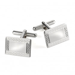 9ct White Gold Rectangle Cufflinks with Engine Turn Border