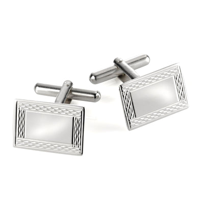 9ct White Gold Rectangle Cufflinks with Engine Turn Border