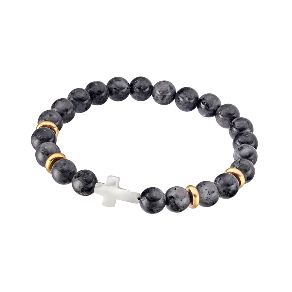 Snowstone bead bracelet with gold plated stainless steel accents and shell cross – 21 cm elasticised