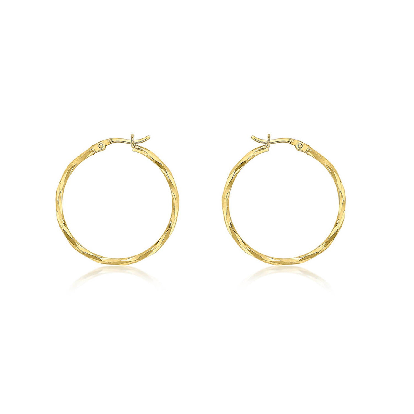9ct Yellow Gold Diamond Cut Hoop Earrings 28mm – Solid gold hoops with shimmering diamond-cut finish by Alexander Jewellers Australia