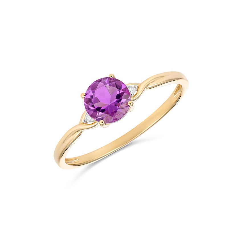 9ct yellow gold twist ring with round natural amethyst and two accent diamonds, photographed against a white background – Alexander Jewellers handcrafted birthstone jewellery.