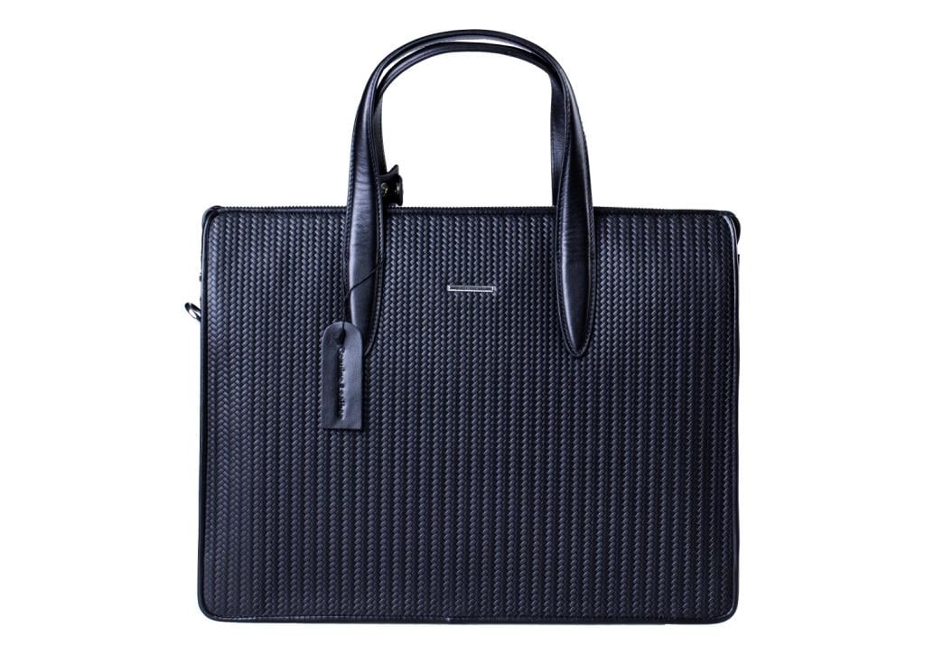 Black Leather Basketweave Tote Bag
