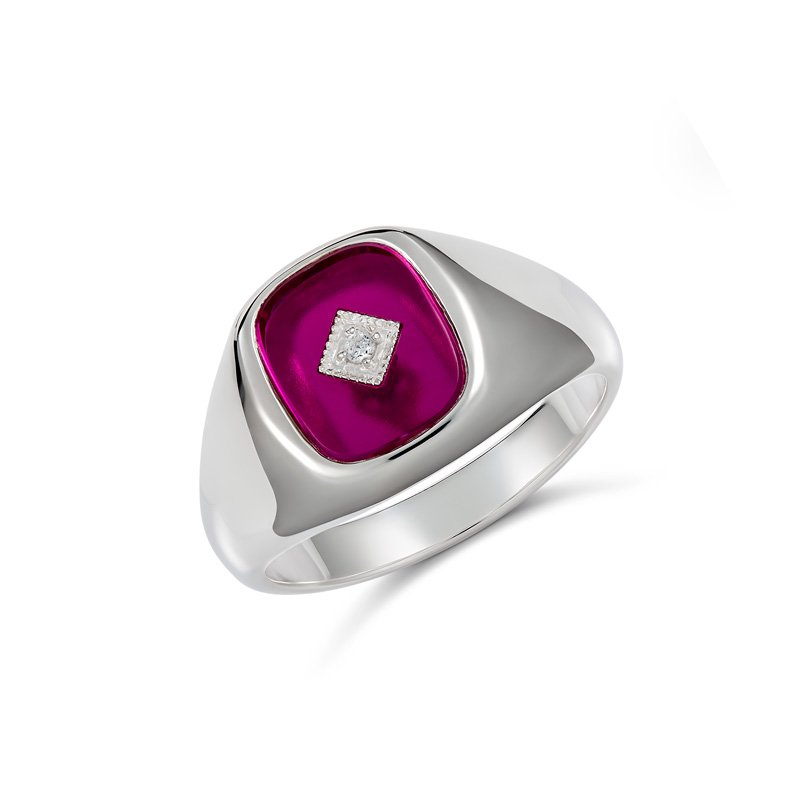 Men’s sterling silver cushion-cut ring with a 12x10mm created ruby centre and cubic zirconia halo, photographed on white background – Alexander Jewellers gents jewellery.