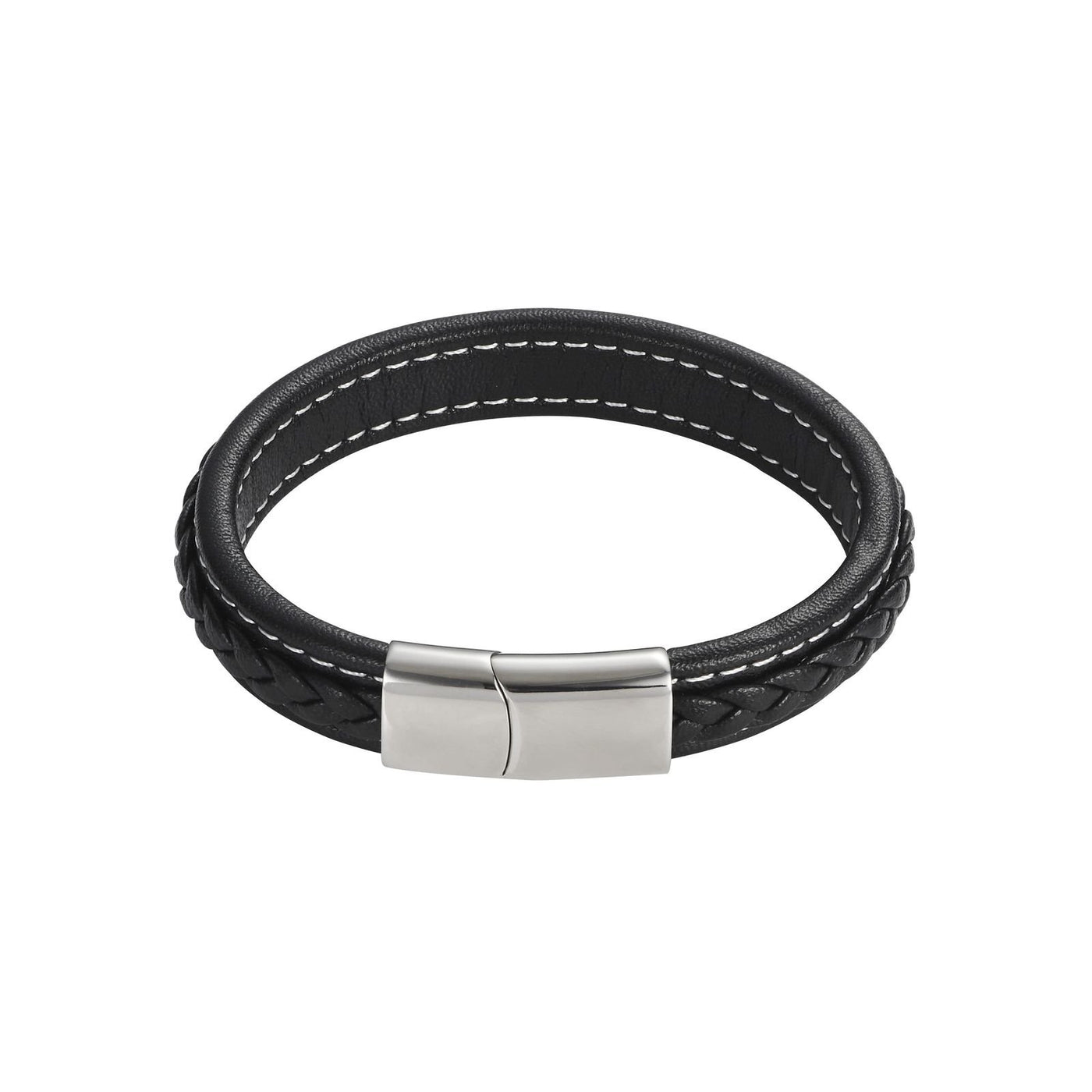 Savage - Black Stitched Leather & Stainless Steel Bracelet