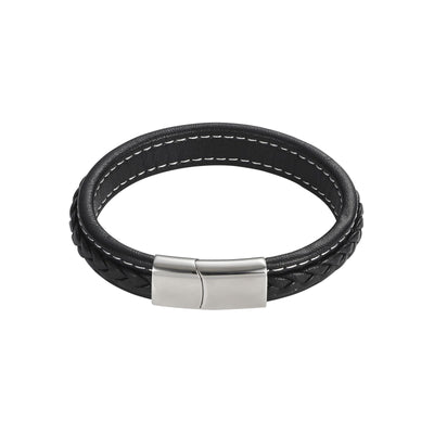 Savage - Black Stitched Leather & Stainless Steel Bracelet