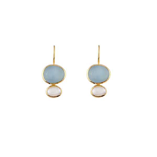 Cubism Earrings Milky Aquamarine Cabachon and a Freshwater Pearl