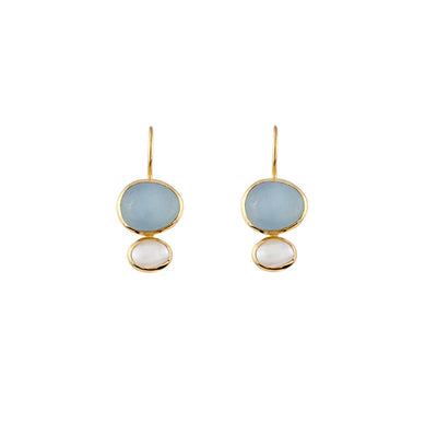 Cubism Earrings Milky Aquamarine Cabachon and a Freshwater Pearl