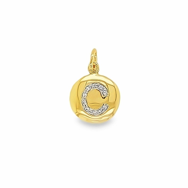 Gold pendant with letter 'C' design on a white background