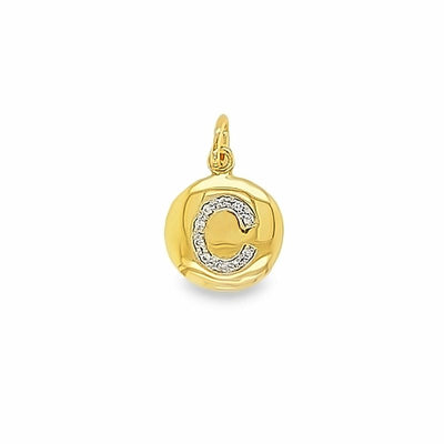 Gold pendant with letter 'C' design on a white background