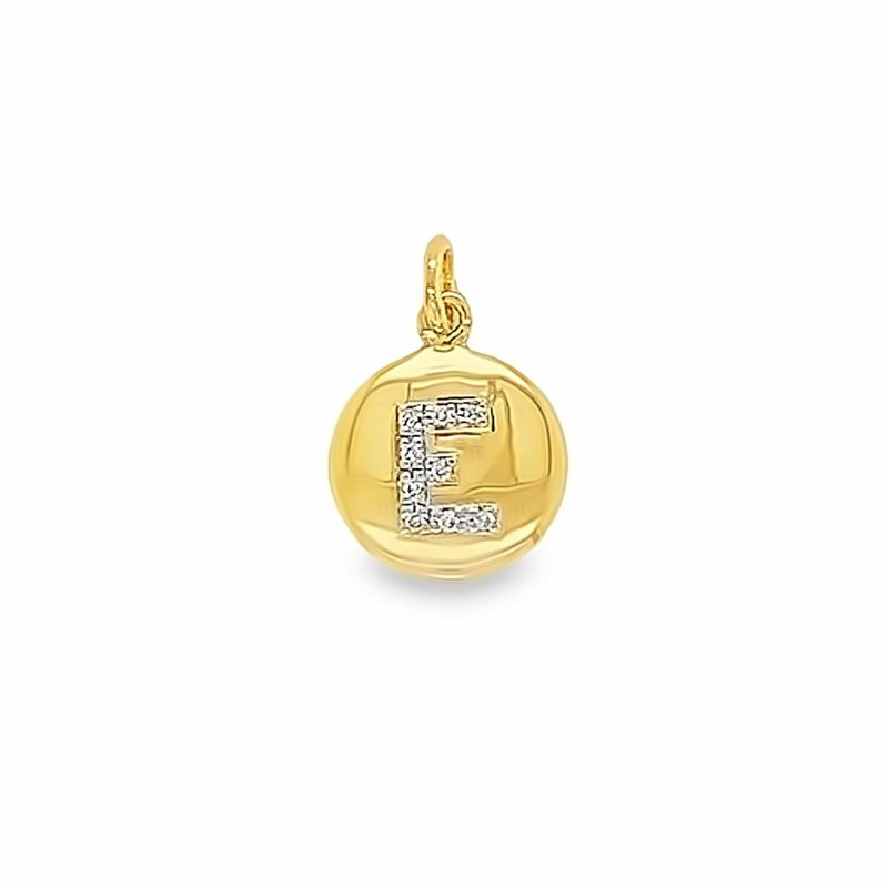 Gold pendant with letter 'E' on a white background