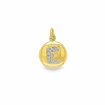 Gold pendant with letter 'E' on a white background