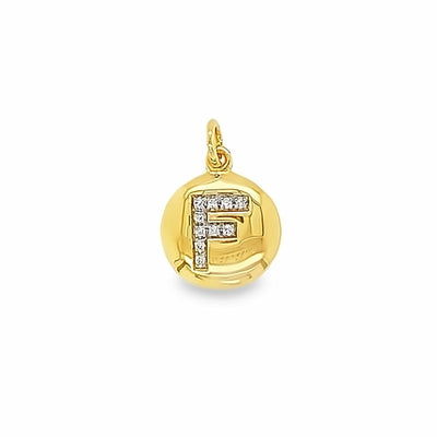 Gold pendant with a letter 'F' design on a white background