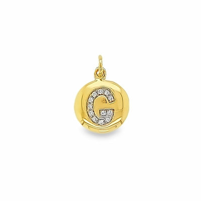 Gold pendant with letter 'G' on a white background