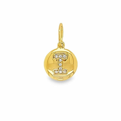 Gold pendant with letter 'I' design on a white background
