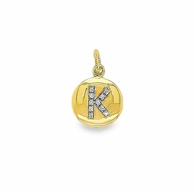 Gold pendant with letter 'K' on a white background