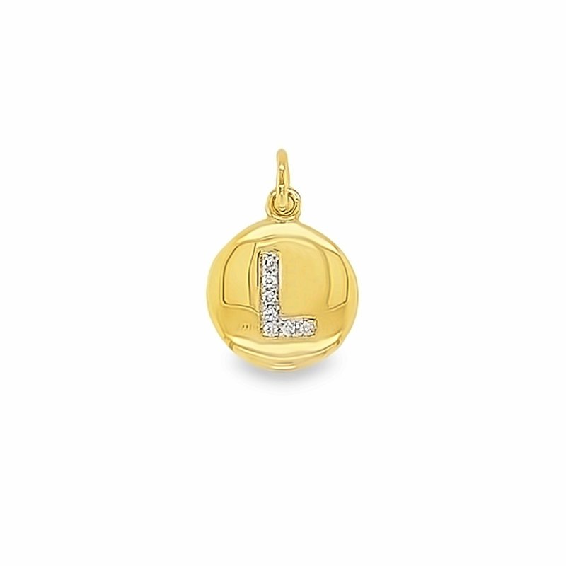 Gold pendant with letter 'L' on a white background