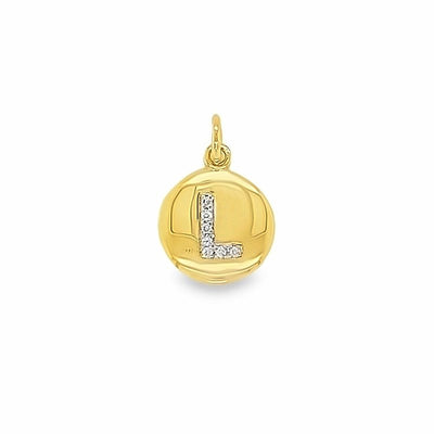 Gold pendant with letter 'L' on a white background